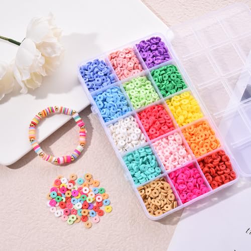 15 Colors 2250 Pcs Clay Beads Kit for Bracelets Making, Flat Round Polymer Spacer heishi Clay Beads for Craft and Jewelry Making - color: Pure Clay Beads Set-about 2250pcs