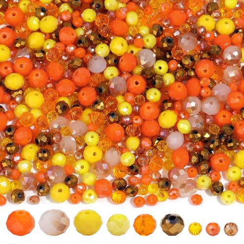 900PCS 4/6/8 mm Assorted Faceted Crystal Glass Beads Set with Fixed Quantity for Each Color for Bracelets Necklaces Earrings Cell Phone Chains Women Jewelry Making,Orange-Yellow - color: Orange-yellow