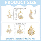 Brass 18k Gold Plated Charms Brass Pave Cubic Zirconia Charms Real 18k Gold Plated Charm Assorted Crystal Sun Star Moon Charm for Bracelet Earring Jewelry Making - size: 13mm
