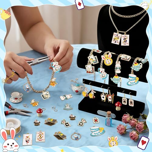 38Pcs Wonderland Gold Charms Pendants - Fairy Tales Tea Rabbit Clock Poker Enamel Charms Cute Earring Necklace Bracelet Keychains Pendant for Jewelry Making DIY Crafts Birthday Tea Party Gifts