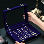 Coobbar 7-Row Royal Blue Ring & Earring Organizer, Transparent Lid Jewelry Box, Luxury Lockable Holder, 2-Pack Jewelry Tray Display for Shows, Countertop Storage Case