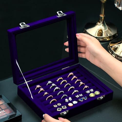 Coobbar 7-Row Royal Blue Ring & Earring Organizer, Transparent Lid Jewelry Box, Luxury Lockable Holder, 2-Pack Jewelry Tray Display for Shows, Countertop Storage Case