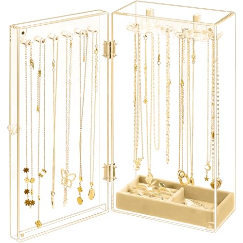Lolalet Necklace Holder Organizer, Acrylic Jewelry Organizer with 24 Hooks, Rotating Clear Necklaces Display Box, Dust-proof Jewelry Storage Case with Velvet Tray -Gold - color: Gold