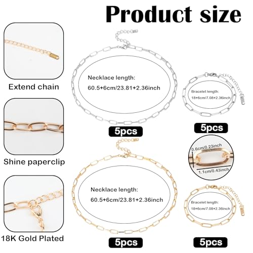 20 Pack 18K Gold Plated Chain Necklace Bracelets Kit for Jewelry Making, Bulk 6mmx11mm Paperclip Stainless Steel Chains with 2.36 Inch Extension Chain for Women,7.08inch Bracelets 23.81inch Necklaces