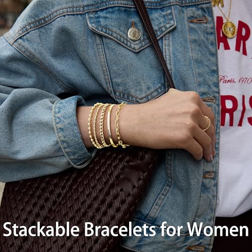 Gold Bracelets Set for Women Stack, Chunky Thick Bracelets Stack for Women Trendy, Simple Dainty Thin Gold Plated Cuff Stackable Bracelets With Beaded Cuban Paperclip Snake Rope Bangle Hand Chain Jewelry - style: Style 06-gold