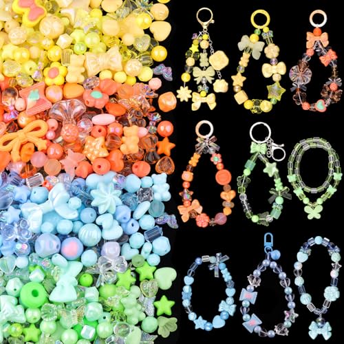 210-270PCS TINKRSTUFF Assorted Acrylic Beads, Mixed Cute Beads for Bracelet Making, Aesthetic Star Flower Bow Butterfly GummyBear Kawaii Charms for Jewelry Necklace Making DIY Keychain Phone Charm - color: 160g-4 Color Series-Pink+Blue+Orange+Green