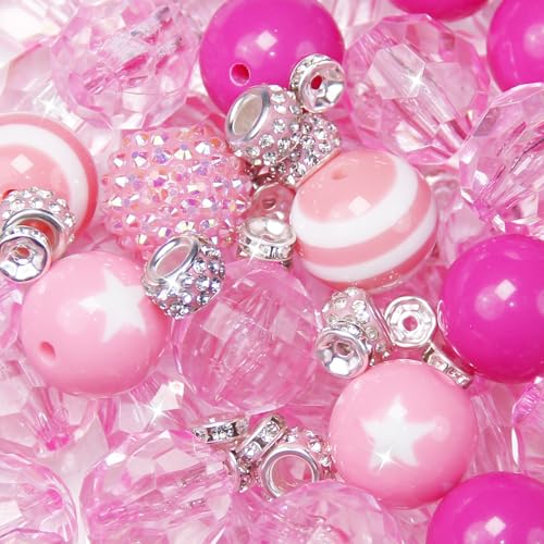 106Pcs 20mm Beads for Pens Making with Rondelle Spacer Beads Pink Acrylic Focal Bubblegum Bead Crystal Round Sparkly Chunky Bead for Pens Beadable Keychain Necklace DIY Craft Jewelry Making Supplies - color: Pink