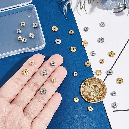 UNICRAFTALE 32Pcs 2 Colors 2 Sizes 304 Stainless Steel Disc Beads Metal Flat Flower Shape Spacer Caps Bead Half Round Bead Caps Spacer Beads for Bracelet Jewelry Making - size: 5-6mm