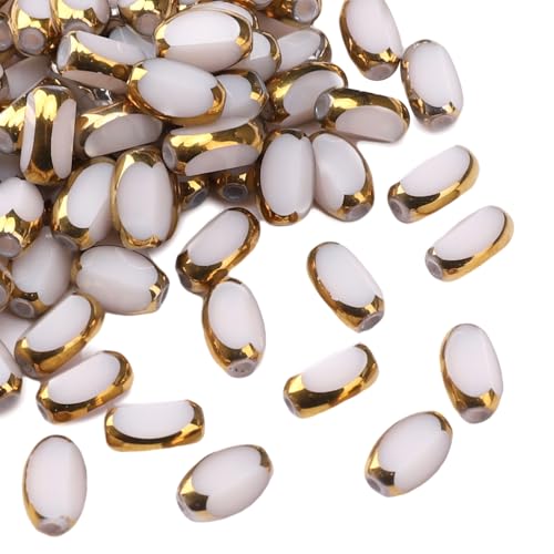 Glass Rice Beads White 4x6mm 50pcs Faceted Oval Golden Edge Crystal Loose Beads for DIY Craft Jewelry Making - color: White