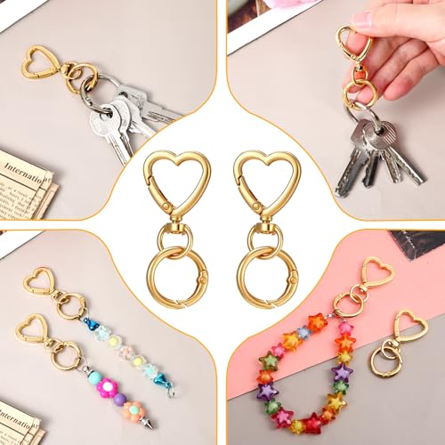2 Pcs Double Opening Keychain Clip, Heart Spring Snap Hooks Zinc Alloy Swivel Lobster Clasp with Key Ring Spring Snap Hook Purse Clip for Jewelry Lanyard DIY Crafts Purse Making Camping Travel (Gold)