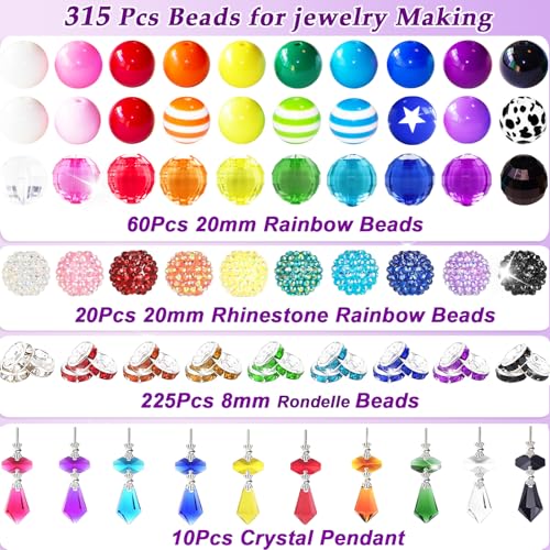 315Pcs 20mm Beads for Pens Making with Rondelle Spacer Beads Mixed Acrylic Focal Bubblegum Bead Crystal Round Sparkly Chunky Bead for Pens Beadable Necklace Keychain DIY Craft Jewelry Making Supplies - color: Rainbow and Pendant