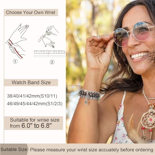 Newlibery Natural Stone Bracelet Beaded-Band Women Compatible with Apple Watch 42mm(S3/2/1) 44/45/46/49mm Feminine Handmade Stretch Strap for iWatch Series 11/10/9/8/7/6/5/4/3/2/1 SE 3/2/1 Ultra1/2/3 - color: A8 Grey Map, size: 46(S10/11)/49/45/44/42mm(S1