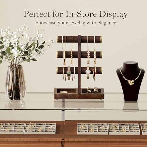 SRIWATANA 1 Bracelet Holder, Jewelry Display Stand Birthday Mother's Day Christmas Wood Solid Wood Classic Design Non-Slip Pad Metal End Cap Keeps Jewelry Secure T-Bar Organizer for Bracelets - Walnut - color: Walnut