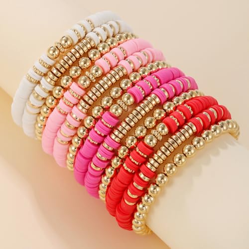 12pcs Friendship Bracelets Beaded Bracelets Heishi Bracelet Cute Bracelets Stack Vinyl Clay Disc Bead Surfer Stretch Summer Beach Bracelets For Women Preppy Bracelets - color: B-color 4