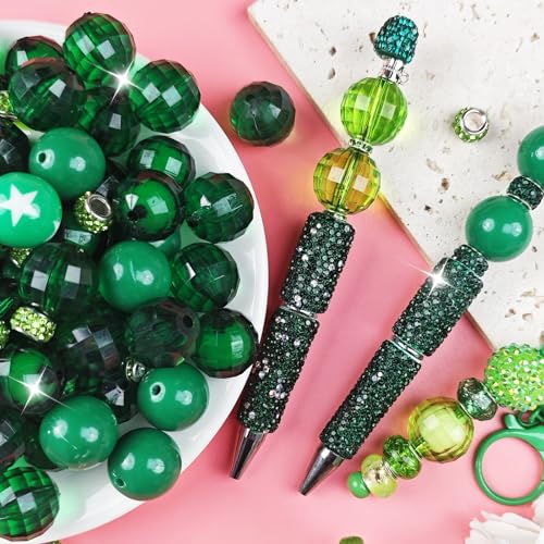106 Pcs 20mm Beads for Pens Making with Rondelle Spacer Beads Dark Green Acrylic Focal Bubblegum Bead Crystal Round Sparkly Chunky Bead for Pens Beadable Keychain DIY Craft Jewelry Making Supplies - color: Dark Green