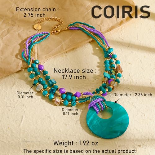 Coiris Shell Pendant Statement Strand Necklace for Women Boho Multi Beads Natural Stone Colorful Necklace Bohemian Handmade Chunky Shell Beaded Collar Jewelry for Women - color: Dark Teal