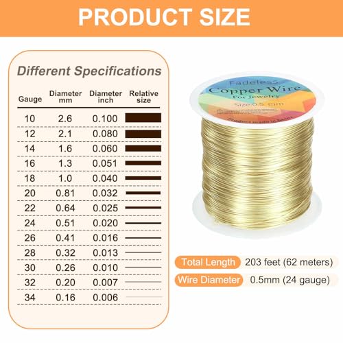 HARFINGTON Wire 203ft Length 24 Gauge Copper Craft Jewelry Wrapping Wire Tarnish Resistant Beading for Jewelry Making Supplies Crafting, Light Gold - color: Light Gold