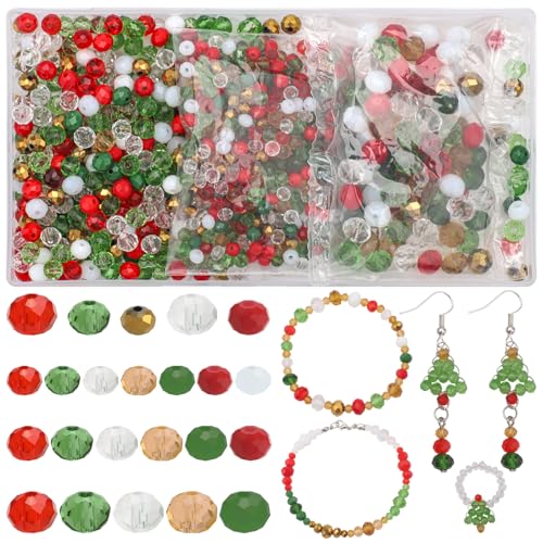 1000pcs Christmas Glass Beads for Jewelry Making Briolette Rondelle Beads Assorted Crystal Beads Loose Spacer Bead for DIY Crafts Bracelets Necklaces Earrings and Christmas Decorations - color: Christmas