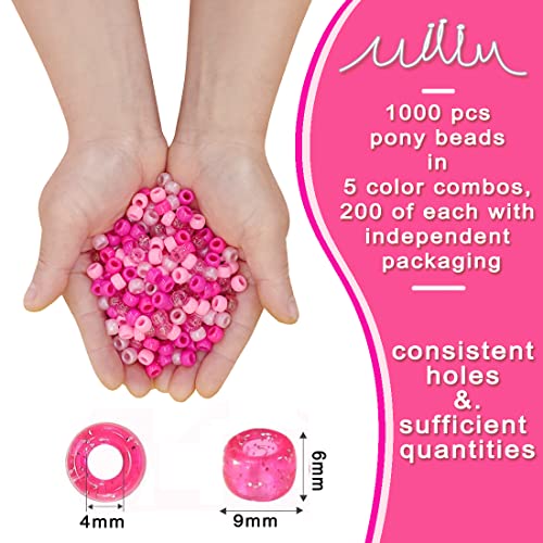 MIIIM 1000PCS 6x9mm Pony Beads Bulk, 5 Styles Pink Pony Beads for Bracelets Making Kit, Kandi, Hair Braids Crafts for Jewelry Making (Pink) - color: Pink