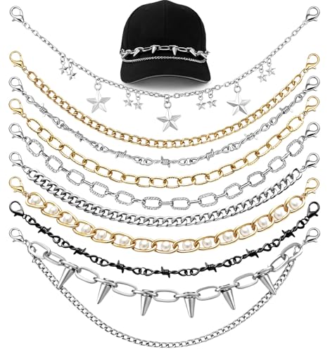14 Pcs Trucker Hat Chains, Bulk Trucket Hat Charms Chains for Women Men, Bill Decoration Detachable DIY Metal Chain - color: 9 pcs Thorns chains