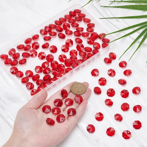 1 Box 120Pcs 14mm Crystal Glass Octagon Beads 2 Hole Crystal Prism Beads Red Glitter Chandelier Replacement Connector Suncatcher Faceted Spacers for DIY Lamp Hanging Ornament Pendant Adults - color: Red
