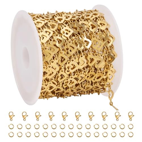 SMYHTGLIF 5 Meters Flat Heart Chain Bulk for Jewelry Making Stainless Steel Chain Bulk Roll with Lobster Clasps and Jump Rings - color: Heart Gold