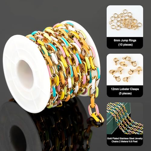 UMAOKANG 2 Yard Gold Plated Chain for Jewelry Making Stainless Steel Chains Bulk Colorful Enamel Paperclip Chain Roll with Jump Rings and Lobster Clasps - color: Light Colorful