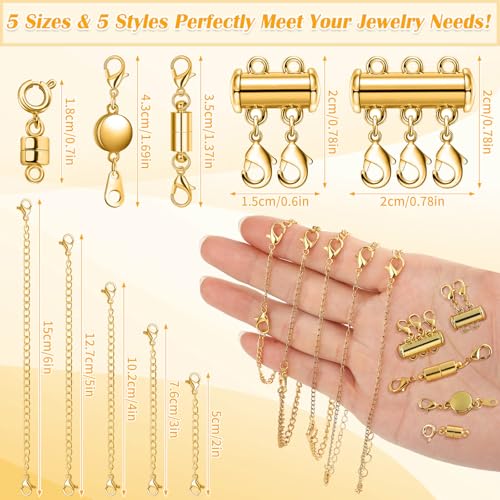 ROADPLUM 26 Pcs Magnetic Necklace Extender, 5 Style Strong Magnetic Jewelry Clasps and Necklace Layering Clasps with Chain Extenders for Women Necklaces Bracelet, Gold and Silver - size: 26 Pcs