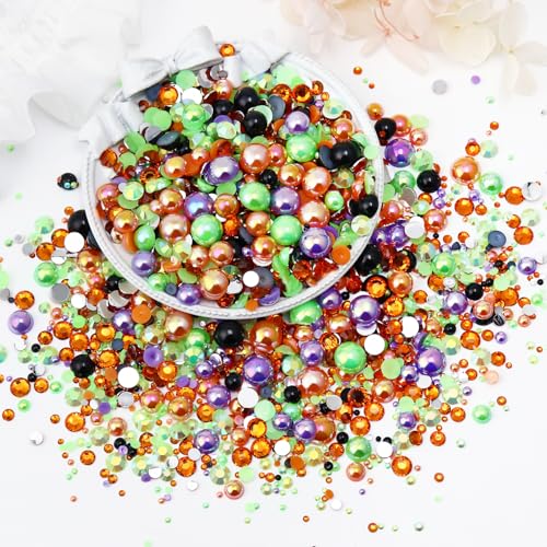 60g Mix Pearls and Rhinestones, Half Pearls and Rhinestones for Crafts Tumblers Shoes Nails Face Art, 2mm-10mm Mixed Sizes, Halloween Blend - color: Halloween Blend