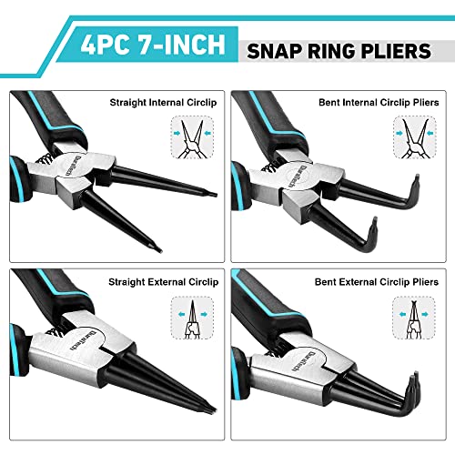 DuraTech 4 PCS Snap Ring Pliers Set, 7 Inch Heavy Duty Internal & External Circlip Pliers Kit with Straight/Bent Jaw, Premium CRV Steel, Precision Spring Loaded C Clip Pliers with Storage Pouch