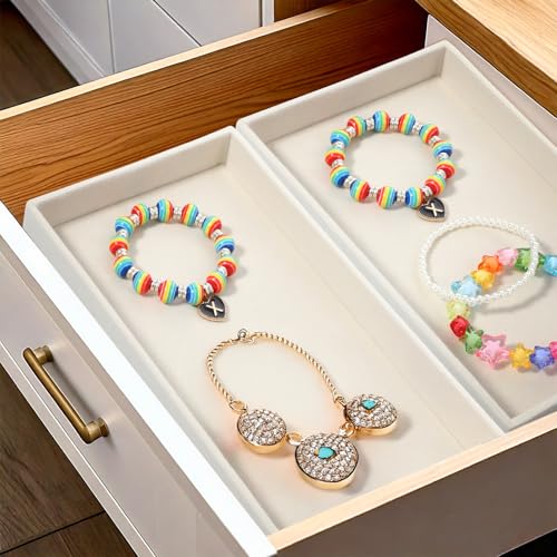 12 Pack 1 Grid Velvet Jewelry Trays, Stackable Jewelry Drawers Organizer Inserts, Beige Jewelry Storage Display Trays for Necklace, Earring, Ring, Bracelet, 8x4.6x0.91 Inches