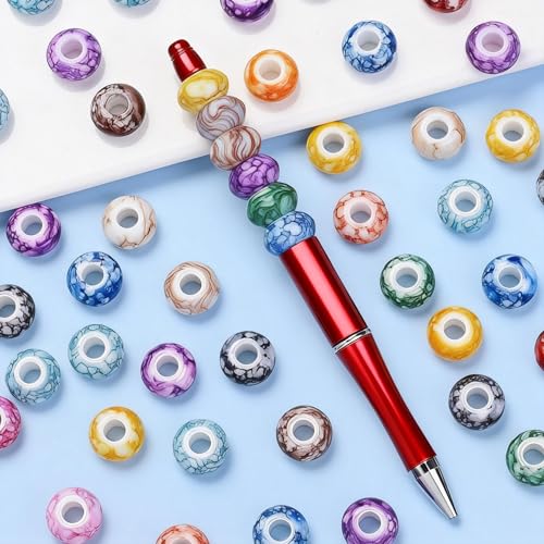PIPITREE 200PCS Acrylic Beads 9 * 14mm Focal Beads for Pens Acrylic Flat Bulk Bead Ceramic Style Mixed Color 6mm Large Hole Bead for Keychains Beadable Pens DIY Crafts Jewelry Making & Gift Giving - color: Ceramic Style