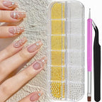 3D Mini Small Metal Stainless Steel Caviar Nail Beads Balls, 0.8-3mm Gold Silver Alloy Nail Art Chain Charms Studs with Tweezers and Dual-end Brush (1-K1-metal-beads) - color: 1-K1-metal-beads