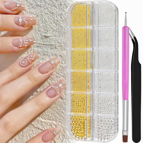 3D Mini Small Metal Stainless Steel Caviar Nail Beads Balls, 0.8-3mm Gold Silver Alloy Nail Art Chain Charms Studs with Tweezers and Dual-end Brush (1-K1-metal-beads) - color: 1-K1-metal-beads