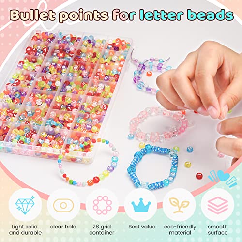 FZIIVQU 1400 Pcs Letter Beads Kit, 28 Styles White Acrylic Alphabet Beads Letter Beads for Jewelry Making wiht Number Beads Heart Beads Friendship Bracelet Kit - color: White Letter & Transparent Colour Base, size: 4*7mm