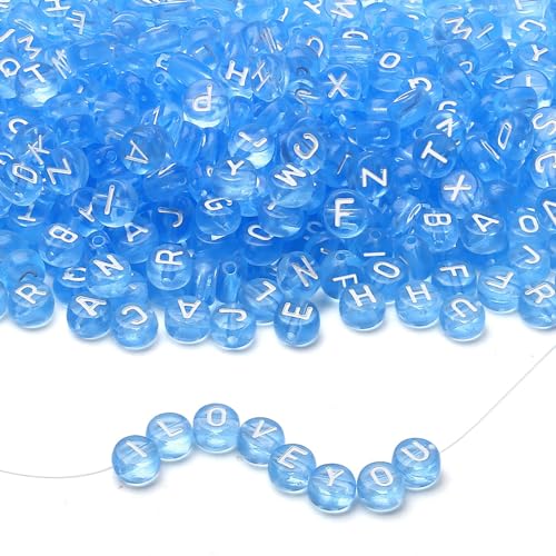 LAIDANLA 1500PCS Acrylic Letter Beads Alphabet White Letters Blue Transparent Round Bead 7×4mm for Jewelry Bracelets Necklaces Key Chains Making - color: R-White Letter Blue Transparent Beads