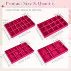 Junkin 12 Pcs Jewelry Tray Velvet Stackable Jewelry Organizer Trays Divided Earring Accessories Storage Containers Box (Rose Red) - color: Rose Red