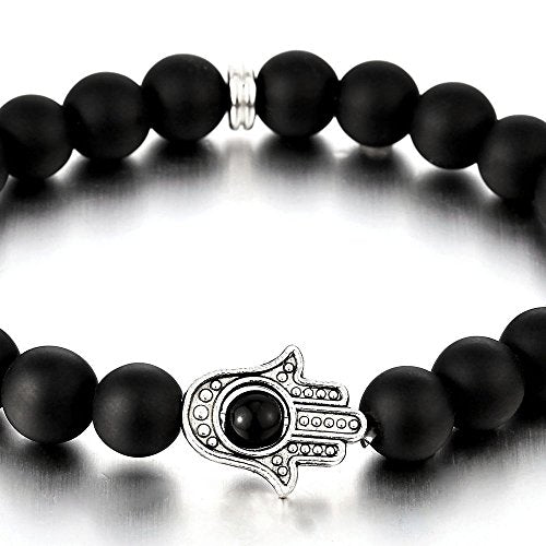Hamsa Hand of Fatima Protection – Bead Bracelet for Women Men with Black Onyx – Buddhist Prayer Mala