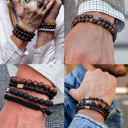 RANKEEF Tiger Eye Bracelet For Men 8MM Natural Stone Stretch Adjustable Black Crystal Beaded Bracelet for Men Women Gifts - color: 2,red,black