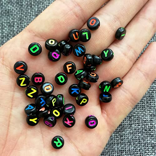 Amaney 1000pcs Alphabet Beads 4x7mm Round Letter Beads Black Acrylic with Colorful Letter for Jewelry Making - color: Black&colorful