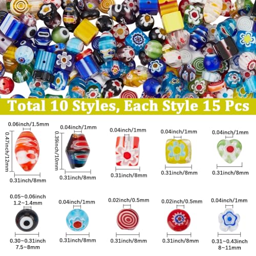 1 Box 150PCS 10 Styles 8MM Millefiori Beads Handmade Lampwork Glass Round Cube Flat Flower Heart Mosaic Flowers Loose Spacer Bead Charm Bulk for Jewelry Making Bracelets Necklace DIY Craft - size: 150pcs, style: Mixed