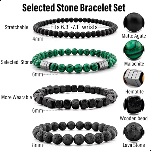 Men’s Hematite Bracelet Set Boho Multi - Tiger Eye/Matte Agate/Lava Rock Gifts for Birthday/Anniversary/Christmas - color: F08 Malachite