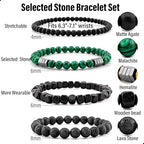 Men’s Hematite Bracelet Set Boho Multi - Tiger Eye/Matte Agate/Lava Rock Gifts for Birthday/Anniversary/Christmas - color: F08 Malachite