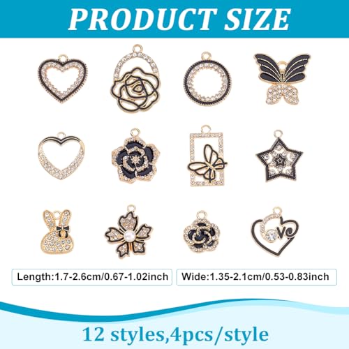 48Pcs 12 Styles Rhinestones Charms Alloy Enamel Love Pendants with Crystal Rhinestone Flower Butterfly Round Ring Charm for Necklace Bracelet Earrings Jewelry Making DIY Craft
