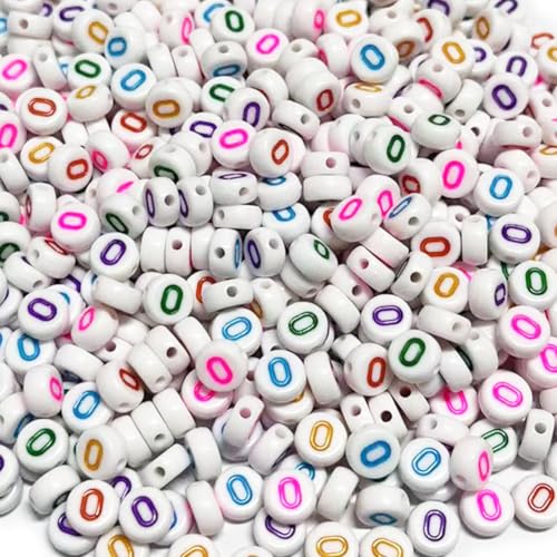 500PCS 4x7mm Acrylic Letter Beads O for Friendship Bracelets Jewelry Making, White Round Flat Acrylic with Colourful Alphabet Beads for DIY Crafts Bracelets Necklaces Key Chains Phone Lanyard - color: O(colourful on white)