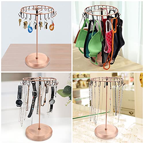 BELLE VOUS Copper Metal Rotating Jewellery Holder Display Stand (23 Hooks) - H34.8 x W20.5cm / 13.70 x 8.07 Inches - Hanging Organiser Tower Rack - Storage for Necklaces & Bracelets, Rings & Earrings