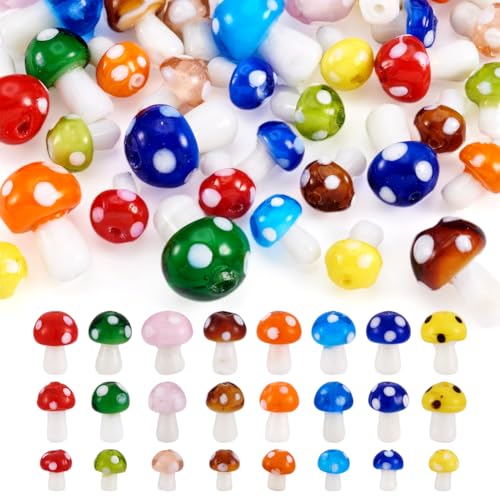64Pcs Lampwork Mushroom Beads Colorful Mushroom Ornament Glass Beads Handmade Vegetable Forest Plant Craft Bead Loose Spacer Bead for DIY Crafts Earring Bracelet Lanyard Jewelry Making - color: Mixed Color-B