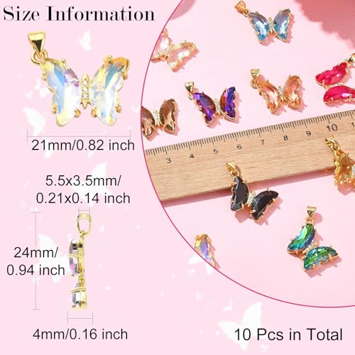 Ipotkitt 10 Pcs Glass Butterfly Charms Clear Micro Pave Cubic Zirconia Butterfly Charms Colorful Crystal Insect Charms for Jewelry Making Accessories - color: 10pcs-Glass Butterfly Charms-24x21x4mm