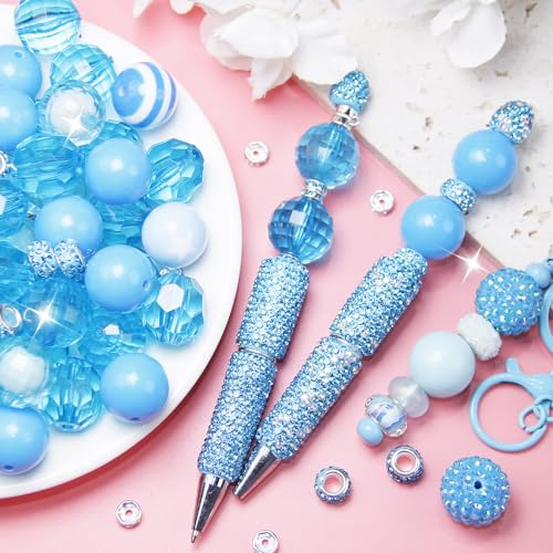 106 Pcs 20mm Beads for Pens Making with Rondelle Spacer Beads Sky Blue Acrylic Focal Bubblegum Bead Crystal Round Sparkly Chunky Bead for Pens Beadable Keychain DIY Craft Jewelry Making Supplies - color: Sky Blue