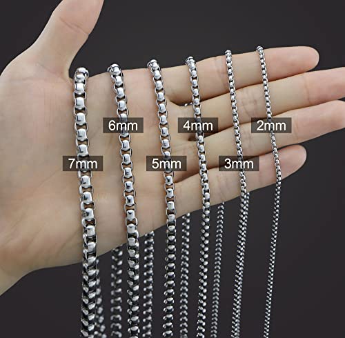 Square Rolo Chain Necklace Stainless Steel Round Box Necklace for Men Women/2mm-7mm/16Inch-36Inch - color: Stainless Steel-Silver, size: 24 Inches, style: 7 mm width